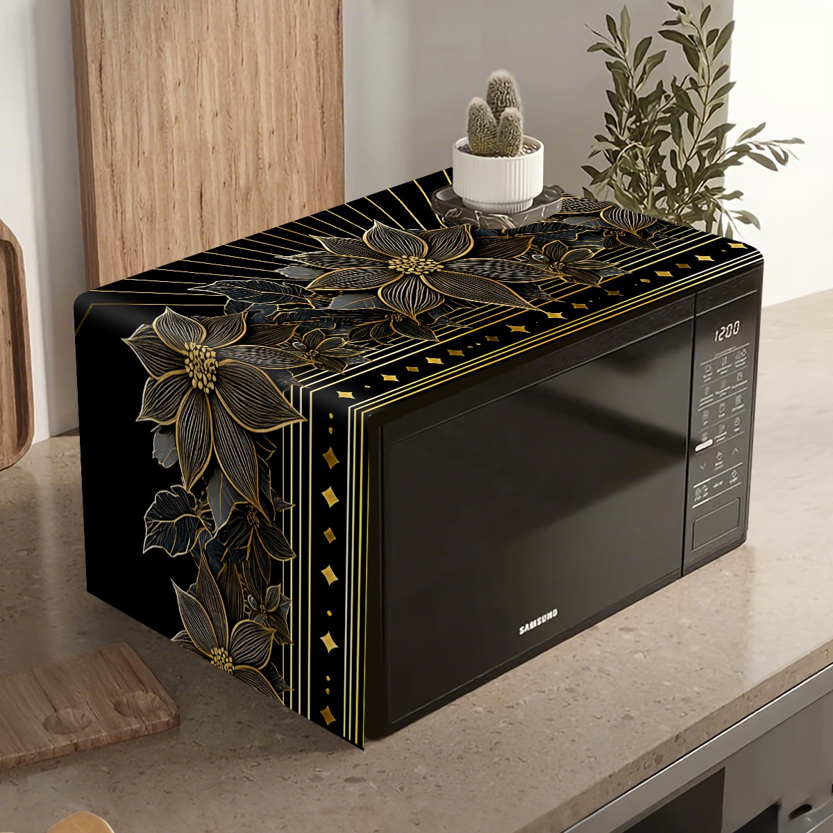 Kitchen Appliances Luxury - Lüks Siyah Altın Çiçek Mikrodalga Toz